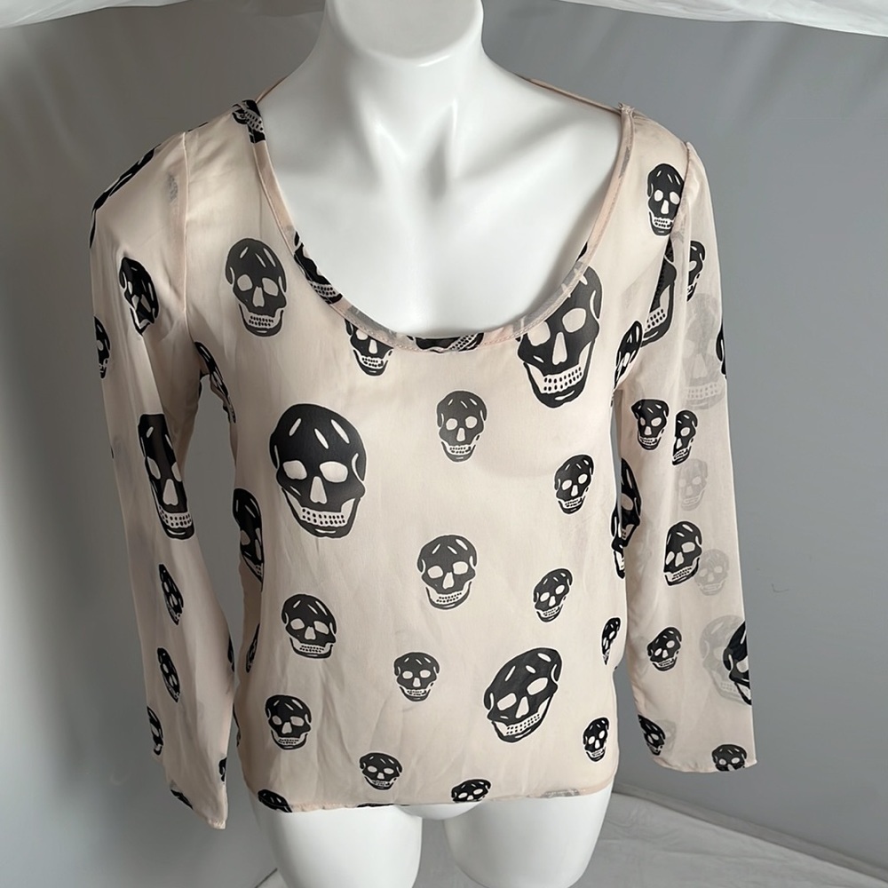 Vintage Havana sheer cream with black skulls long sleeve blouse